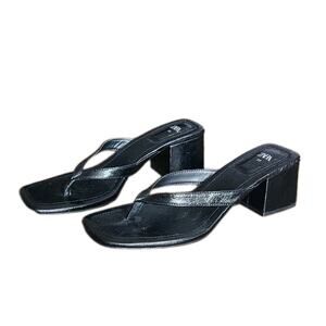 Nwot Zara Women's Black Patent Square Toe Block Heel Thong Sandals Size 39